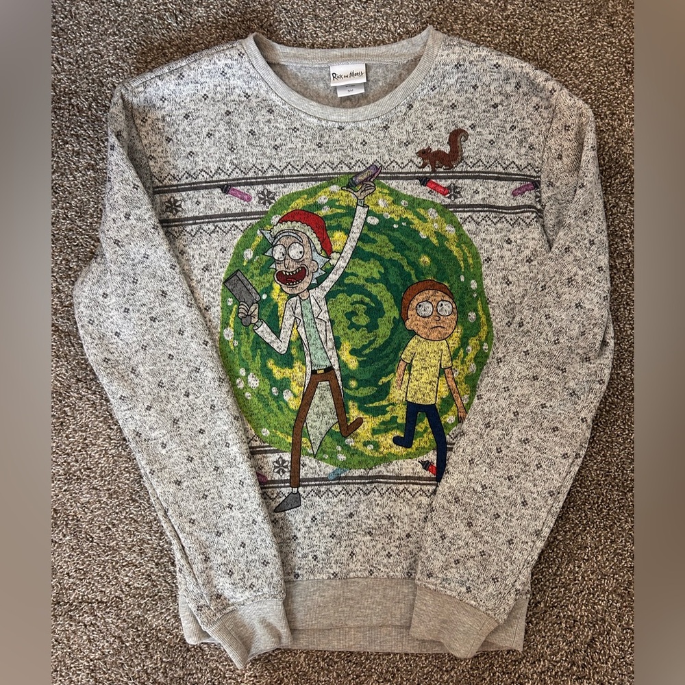 Rick & Morty Gray Ugly Christmas Sweater Adult Size Small - Picture 2 of 8